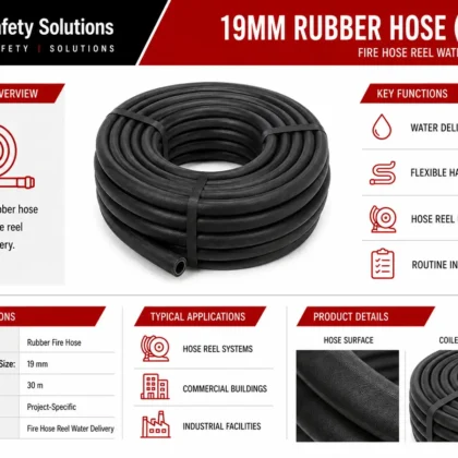 AJ Safety Solutions technical infographic for coiled 19mm rubber fire hose in 30 metre length
