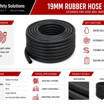 AJ Safety Solutions technical infographic for coiled 19mm rubber fire hose in 36 metre length 19mm Rubber Hose