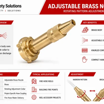 Polished adjustable brass fire hose nozzle with knurled rotating control collar..Adjustable Brass Nozzle