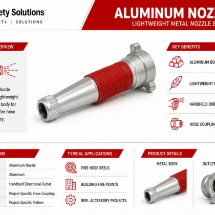 Satin Aluminum Nozzle fire hose nozzle with red grip sleeve and metal hose coupling
