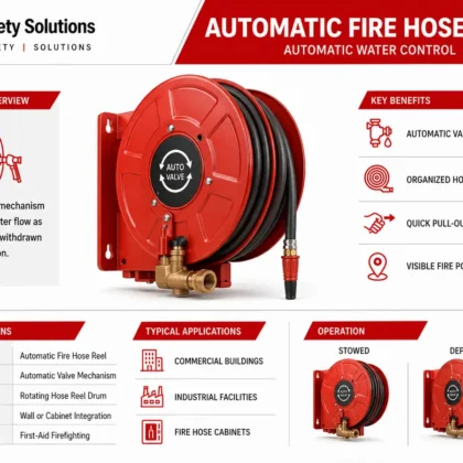 Red automatic fire hose reel with black hose automatic valve and nozzle