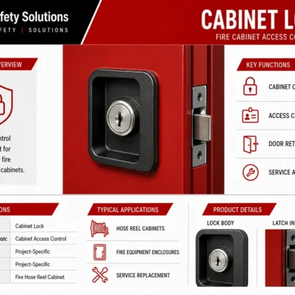 AJ Safety Solutions technical infographic showing a recessed lock and latch on a red fire cabinet