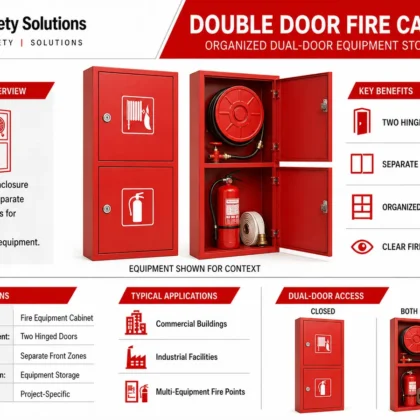 Tall red double door fire cabinet with two separate equipment compartments