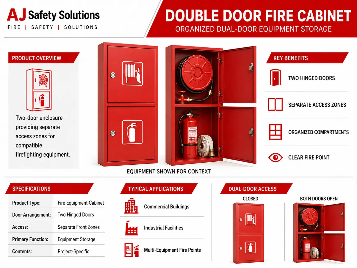 Tall red double door fire cabinet with two separate equipment compartments