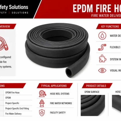 AJ Safety Solutions technical infographic showing a coiled black EPDM fire hose and profile detail