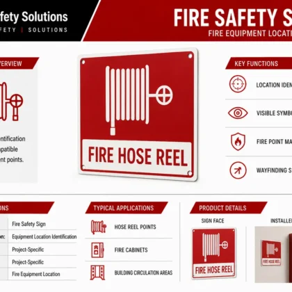 AJ Safety Solutions technical infographic showing a red fire hose reel location sign and installed view