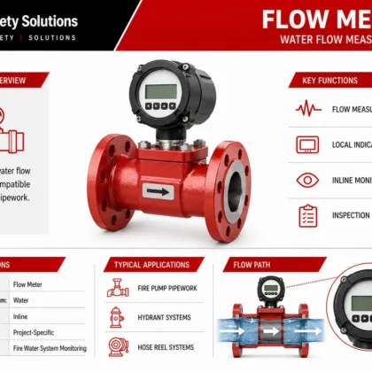 Inline industrial water flow meter with flanged body, local indicator and directional flow arrow