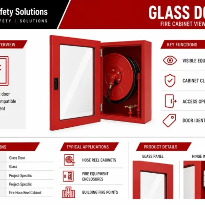 AJ Safety Solutions infographic showing a red framed glass door open on a hose reel cabinet