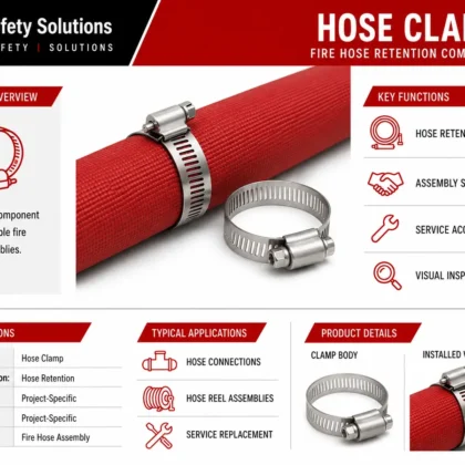 AJ Safety Solutions technical infographic showing a generic hose clamp and installed fire hose view