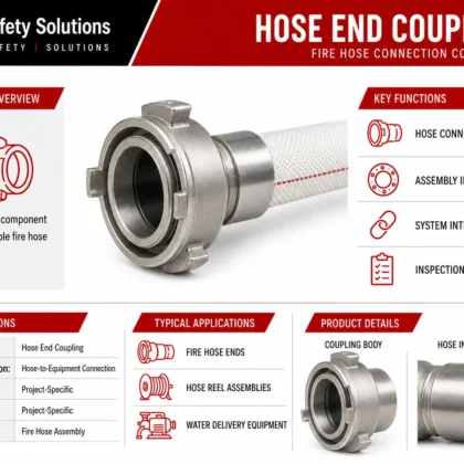 AJ Safety Solutions technical infographic showing a generic metallic hose end coupling and hose interface