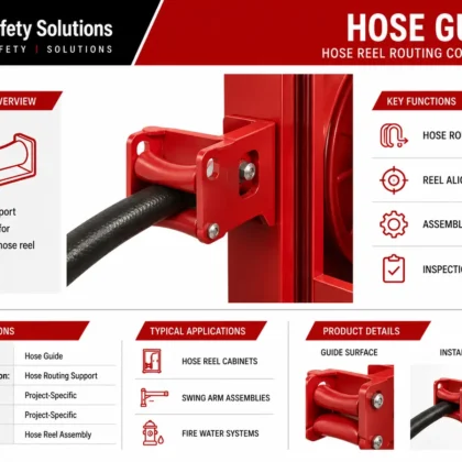 AJ Safety Solutions technical infographic showing a red hose guide routing black hose from a reel cabinet