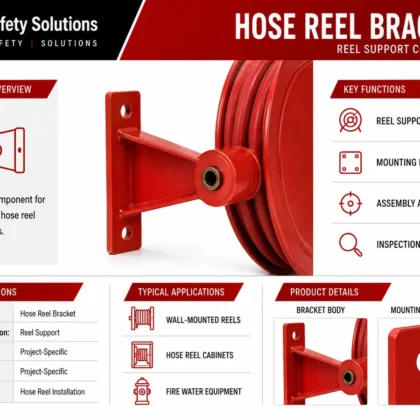 AJ Safety Solutions technical infographic showing a red support bracket at a hose reel hub