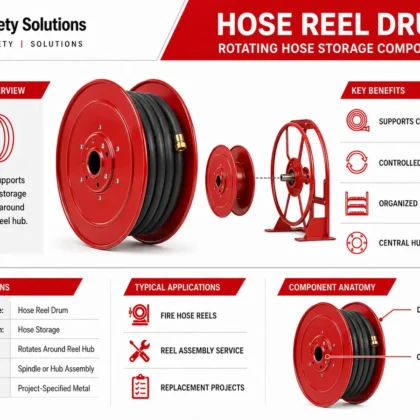Red hose reel drum with coiled black hose central hub and exploded frame context