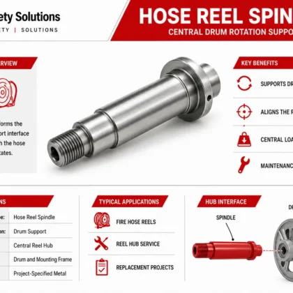 Metal hose reel spindle with stepped shaft threaded end and drum hub context
