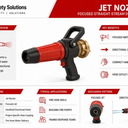 Red and black handheld jet nozzle with hose coupling and focused water stream diagram