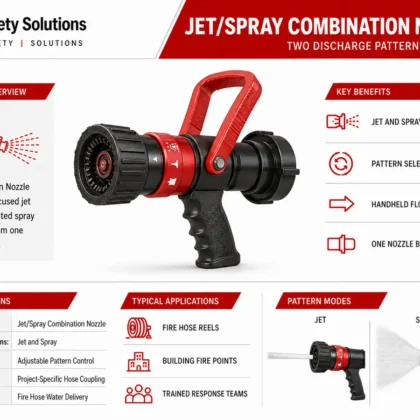 Red and black jet spray combination nozzle with selector collar and two pattern diagrams..Jet/Spray Combination Nozzle
