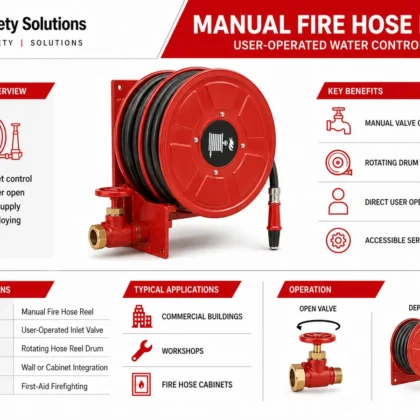Red manual fire hose reel with black hose hand operated inlet valve and nozzle