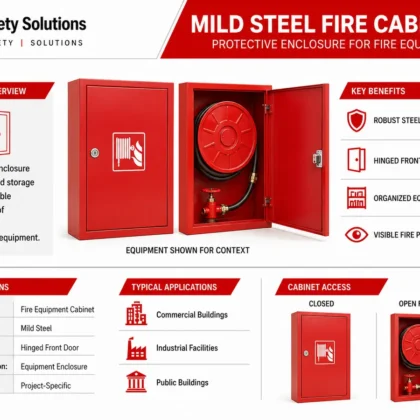 Red mild steel fire cabinet with hinged door and hose reel shown for context