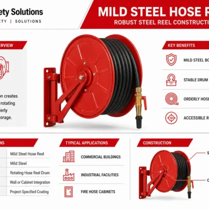 Red mild steel fire hose reel with black hose steel drum central hub and nozzle