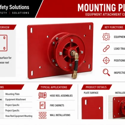 AJ Safety Solutions infographic showing a red mounting plate behind a hose reel hub assembly