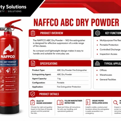 NAFFCO ABC Dry Powder Fire Extinguisher – 1kg technical specifications and application infographic