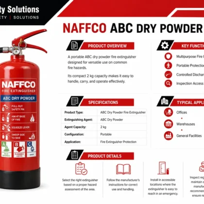 NAFFCO ABC Dry Powder Fire Extinguisher – 2kg technical specifications and application infographic
