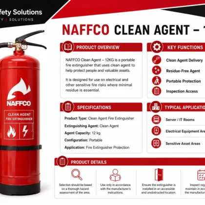 NAFFCO Clean Agent Fire Extinguisher – 12kg technical specifications and application infographic