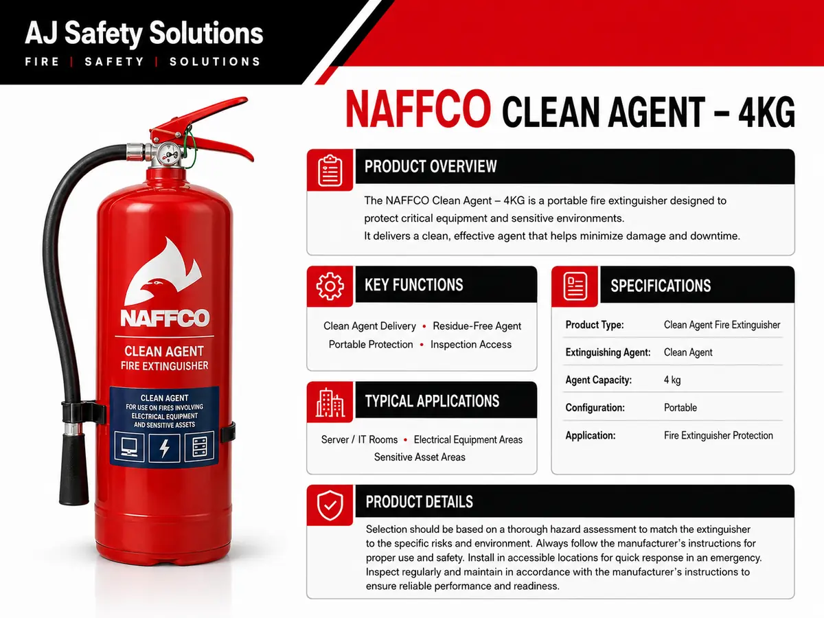 NAFFCO Clean Agent Fire Extinguisher – 4kg technical specifications and application infographic