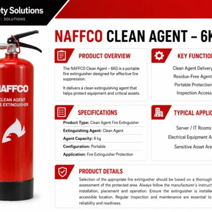 NAFFCO Clean Agent Fire Extinguisher – 6kg technical specifications and application infographic