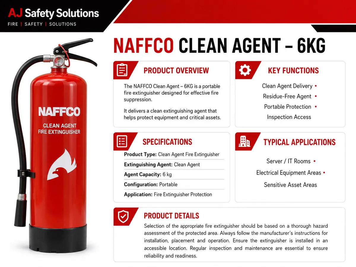 NAFFCO Clean Agent Fire Extinguisher – 6kg technical specifications and application infographic
