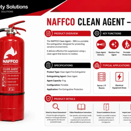 NAFFCO Clean Agent Fire Extinguisher – 9kg technical specifications and application infographic