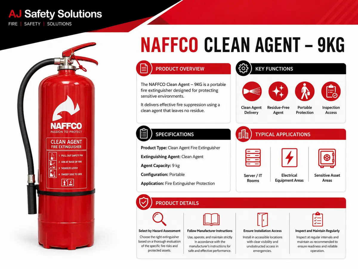 NAFFCO Clean Agent Fire Extinguisher – 9kg technical specifications and application infographic