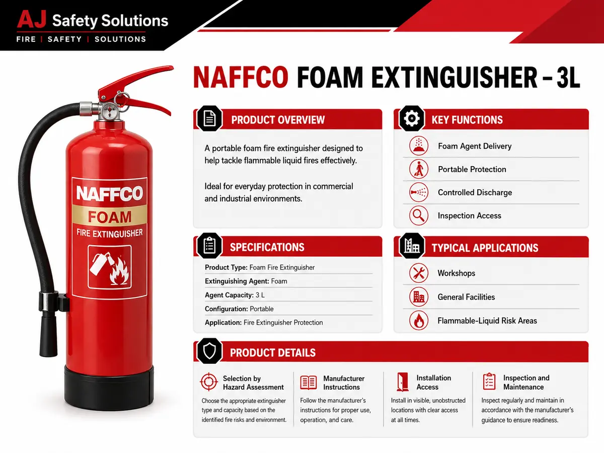 NAFFCO Foam Fire Extinguisher – 3L technical specifications and application infographic