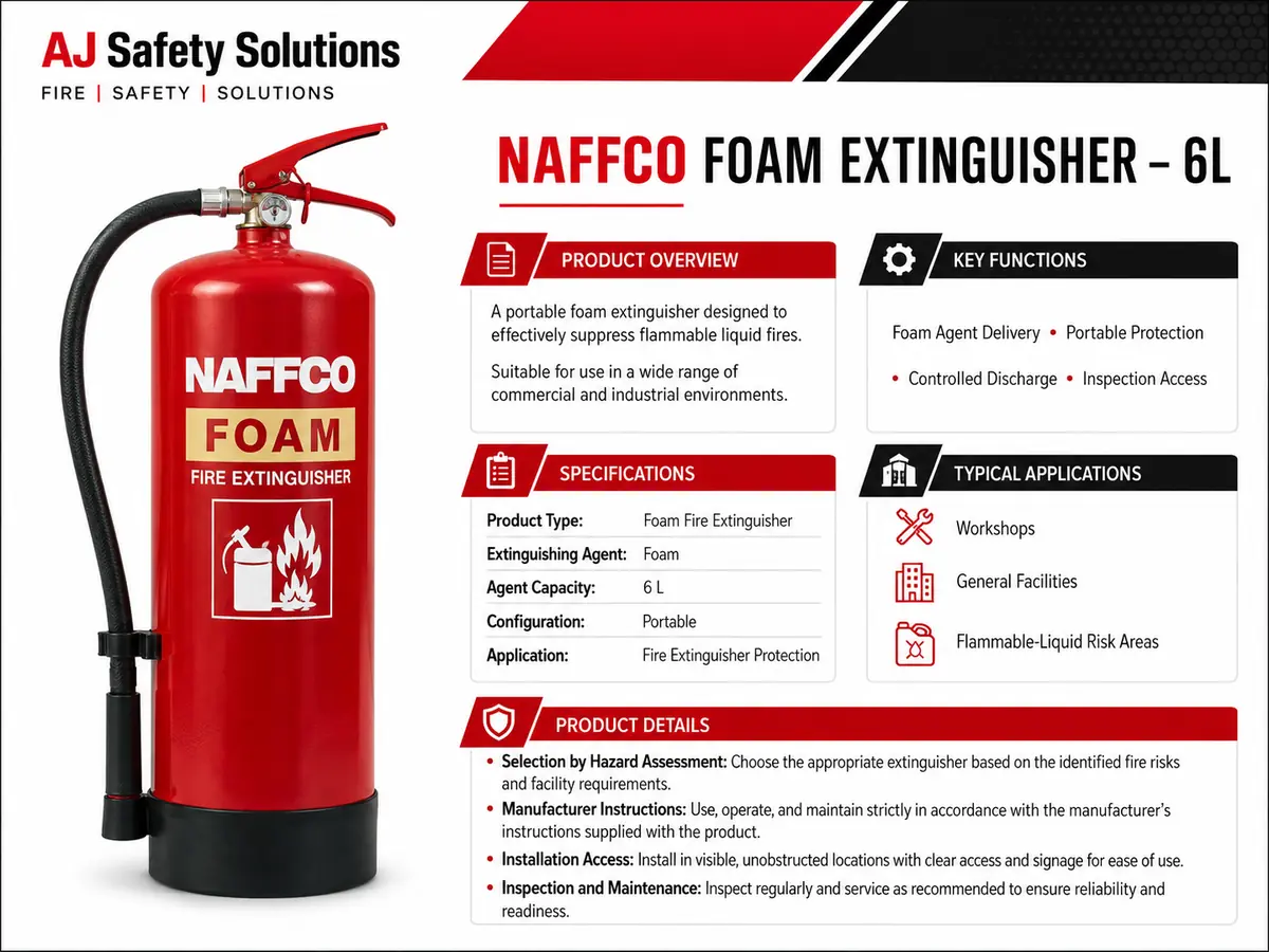 NAFFCO Foam Fire Extinguisher – 6L technical specifications and application infographic