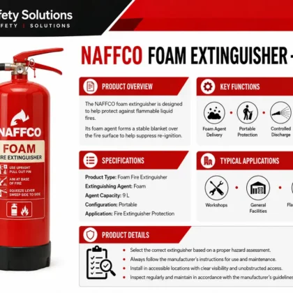 NAFFCO Foam Fire Extinguisher – 9L technical specifications and application infographic