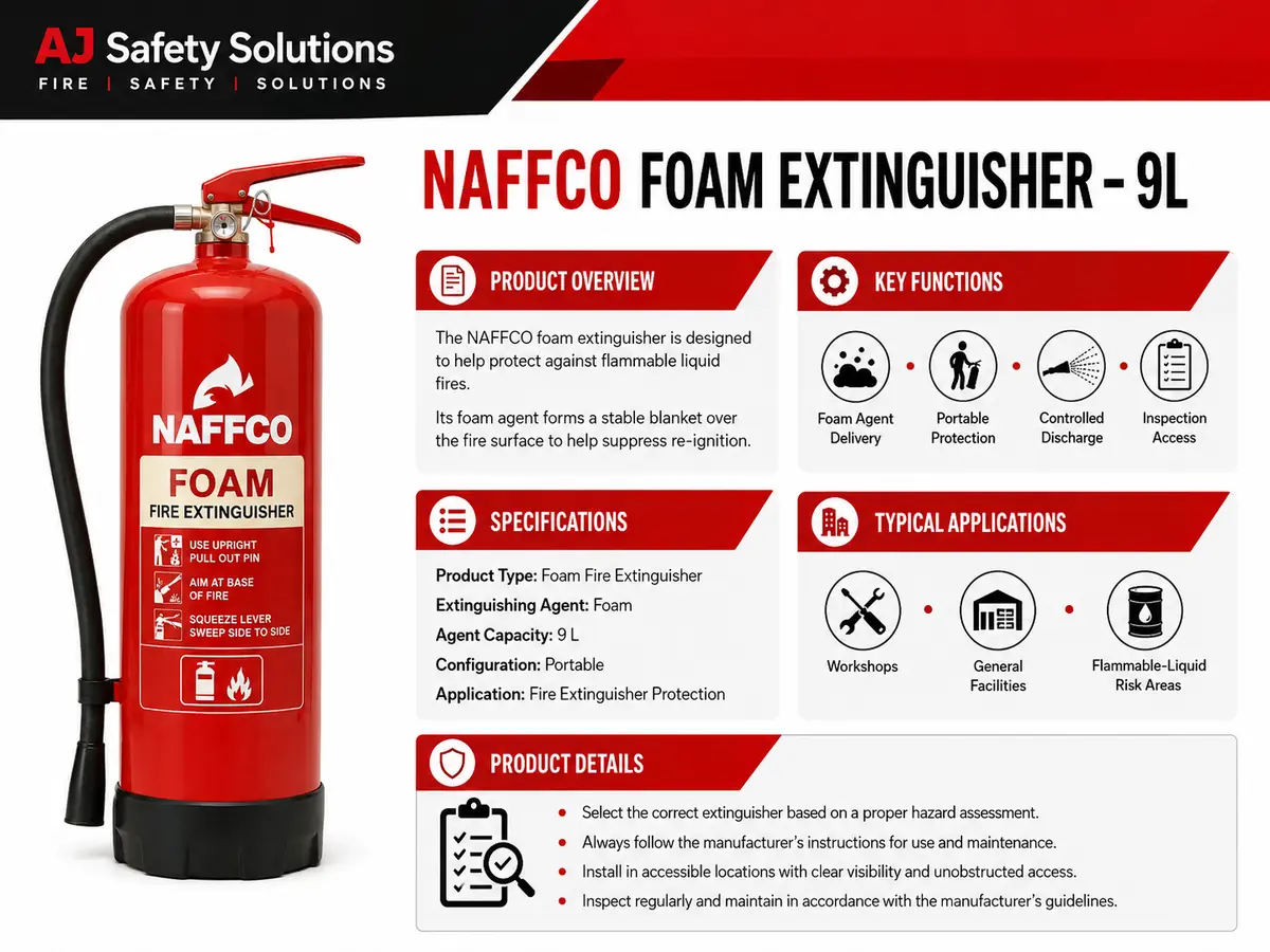 NAFFCO Foam Fire Extinguisher – 9L technical specifications and application infographic