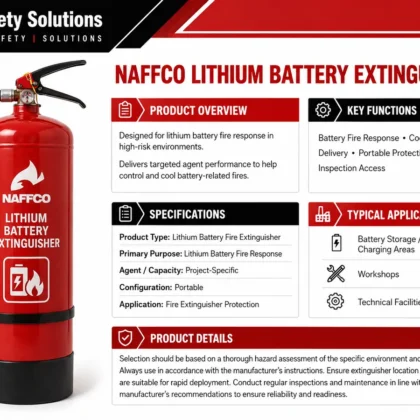 NAFFCO Lithium Battery Fire Extinguisher technical specifications and application infographic