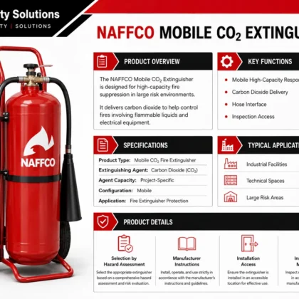 NAFFCO Mobile CO₂ Fire Extinguisher technical specifications and application infographic