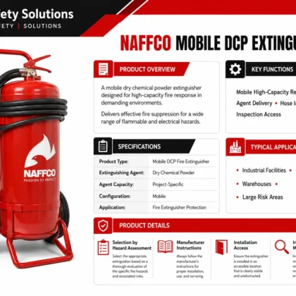 NAFFCO Mobile DCP Fire Extinguisher technical specifications and application infographic