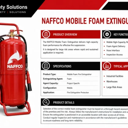 NAFFCO Mobile Foam Fire Extinguisher technical specifications and application infographic