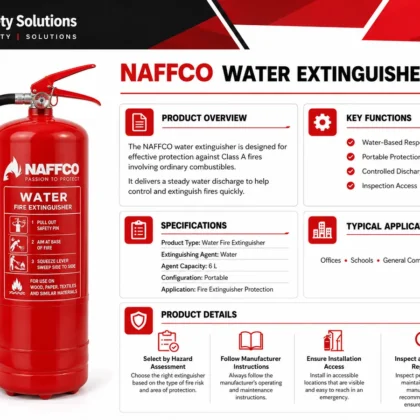 NAFFCO Water Fire Extinguisher – 6L technical specifications and application infographic