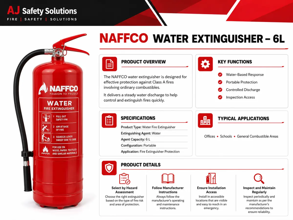 NAFFCO Water Fire Extinguisher – 6L technical specifications and application infographic