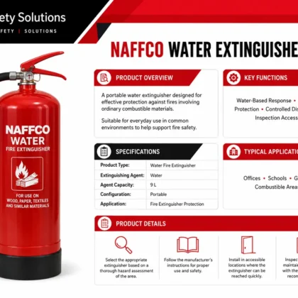 NAFFCO Water Fire Extinguisher – 9L technical specifications and application infographic