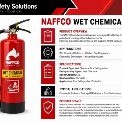 NAFFCO Wet Chemical Fire Extinguisher – 2L technical specifications and application infographic