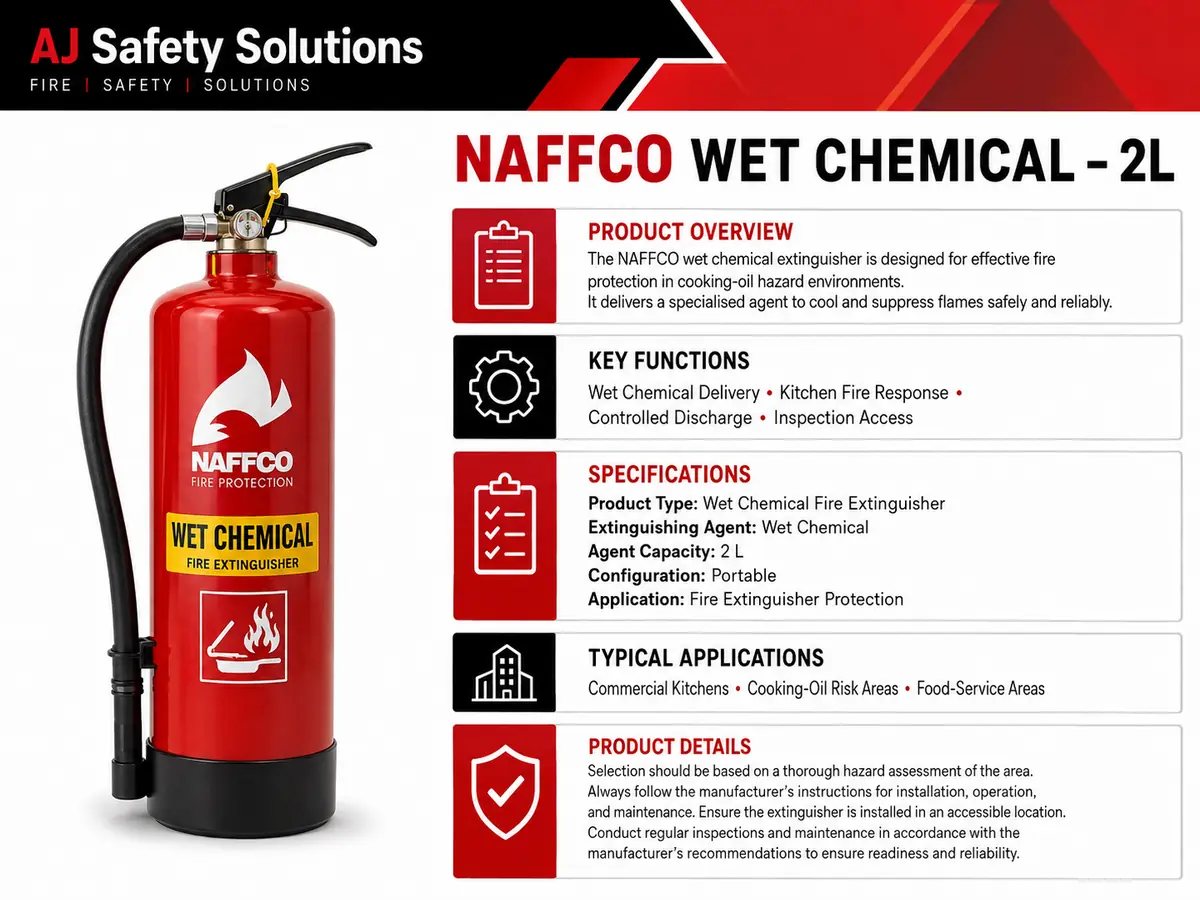 NAFFCO Wet Chemical Fire Extinguisher – 2L technical specifications and application infographic
