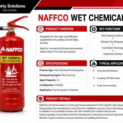 NAFFCO Wet Chemical Fire Extinguisher – 3L technical specifications and application infographic