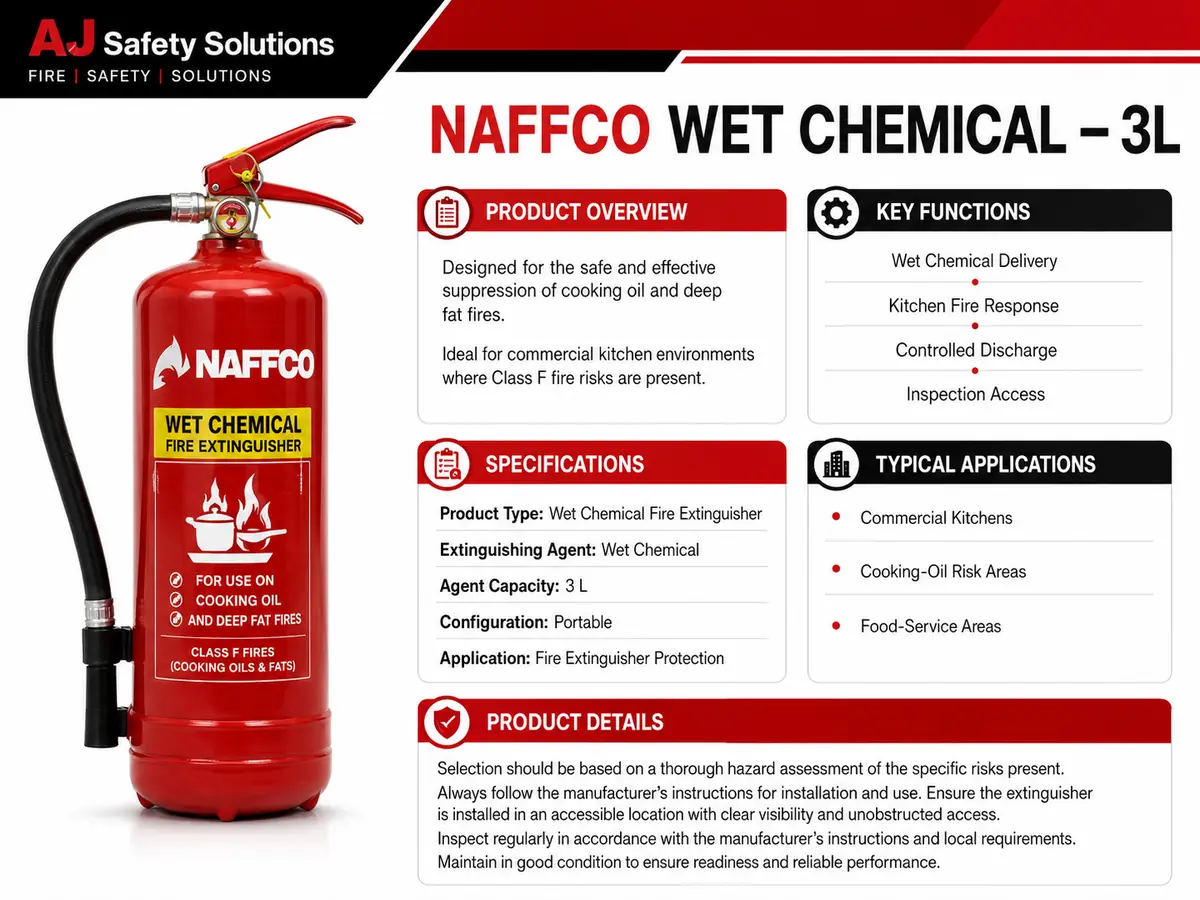 NAFFCO Wet Chemical Fire Extinguisher – 3L technical specifications and application infographic