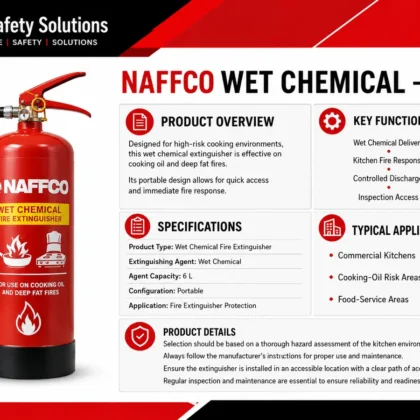 NAFFCO Wet Chemical Fire Extinguisher – 6L technical specifications and application infographic