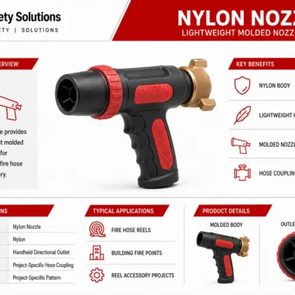 Black and red molded nylon nozzle with handheld grip and hose coupling