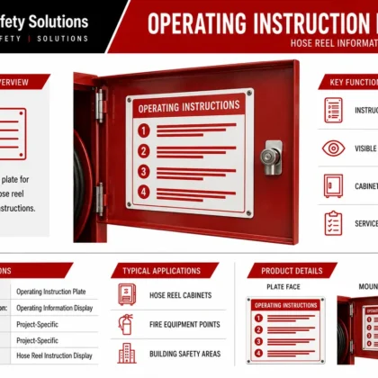 AJ Safety Solutions infographic showing an operating instruction plate mounted inside a hose reel cabinet door